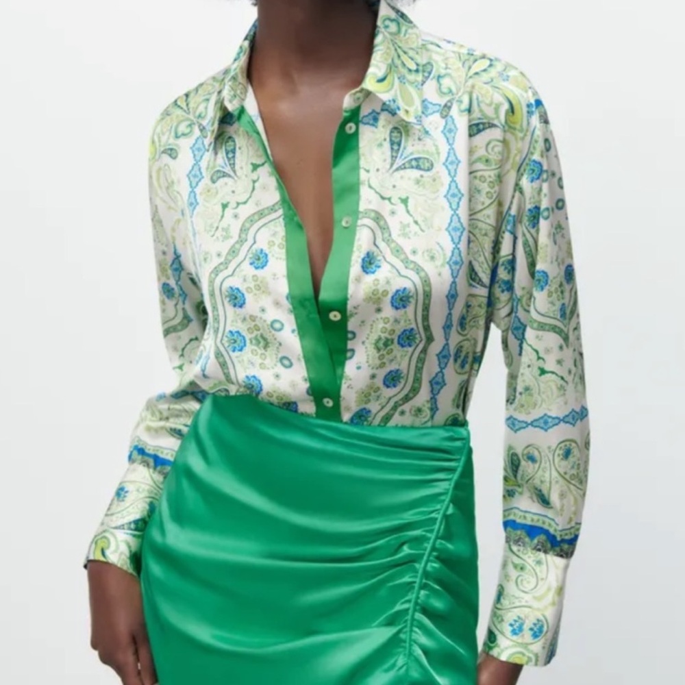Zara blue and green printed button up blouse